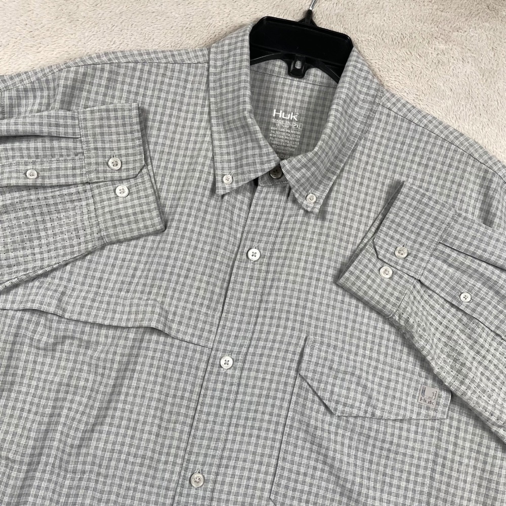 Huk Fishing Shirt Mens 2XL Gray Check Tide Point Break Vented Long Sleeve